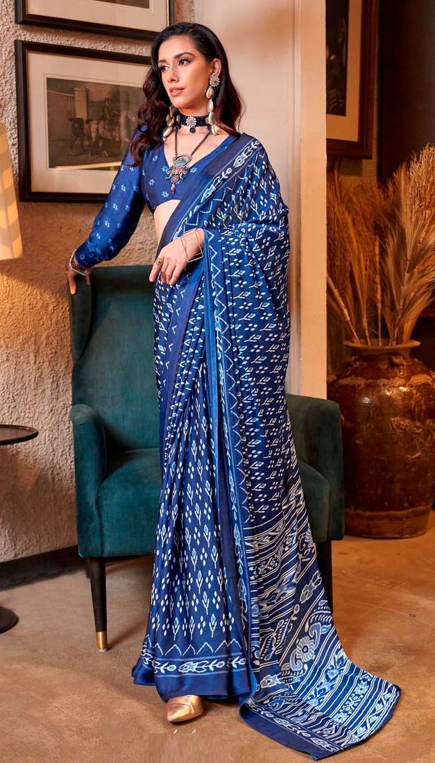 Blue satin poly silk printed patola-saris