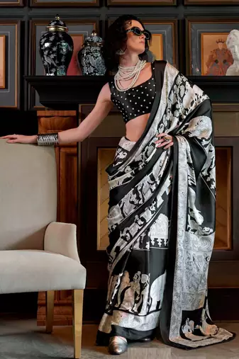 Black satin poly silk printed satin-sarees