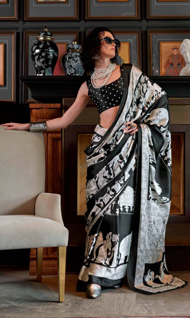 Black satin poly silk printed satin-sarees