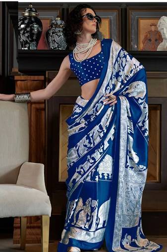 Blue satin poly silk printed satin-sarees