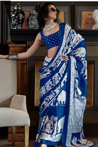 Blue satin poly silk printed satin-sarees