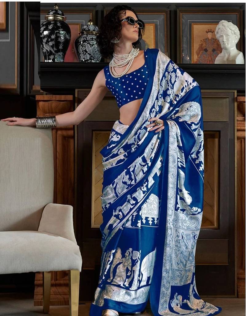 Blue satin poly silk printed satin-sarees