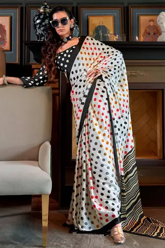 White satin poly silk printed party-wear-sarees