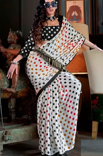 White satin poly silk printed party-wear-sarees