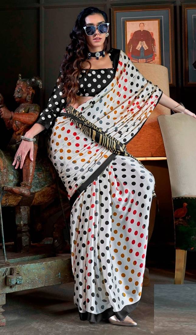 White satin poly silk printed party-wear-sarees
