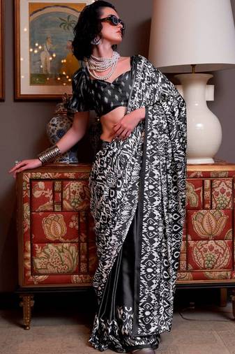 Black faux crepe printed party-wear-sarees