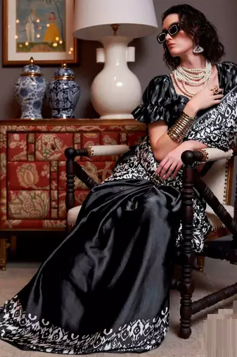 Black faux crepe printed party-wear-sarees