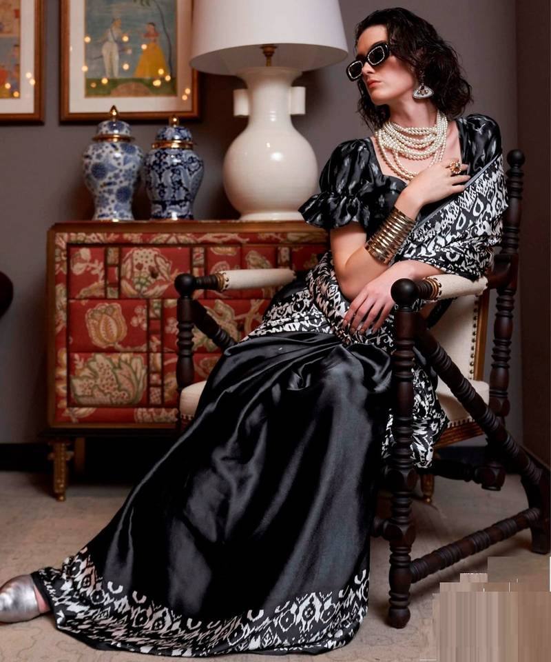 Black faux crepe printed party-wear-sarees