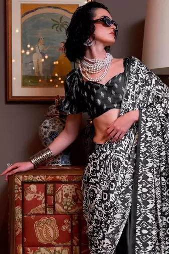 Black faux crepe printed party-wear-sarees