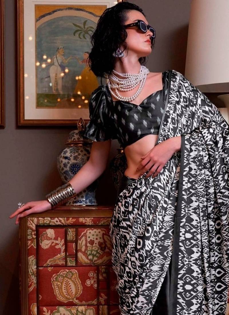 Black faux crepe printed party-wear-sarees