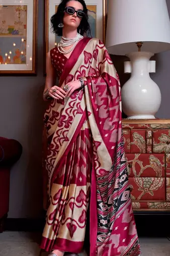 Maroon faux crepe printed party-wear-sarees