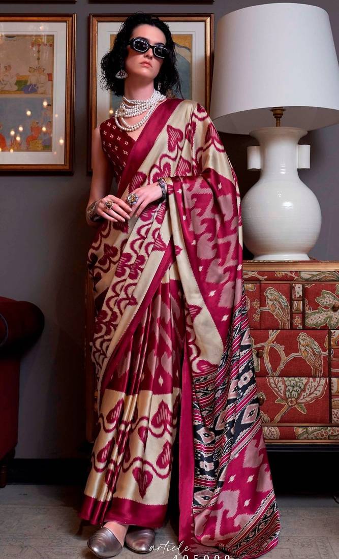 Maroon faux crepe printed party-wear-sarees