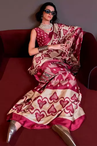 Maroon faux crepe printed party-wear-sarees