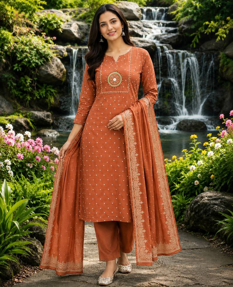 Beautiful rust kurti with plazzo and dupatta