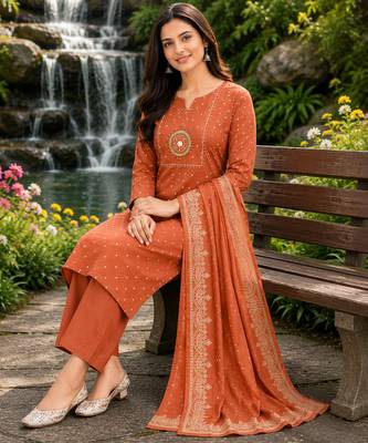 Beautiful rust kurti with plazzo and dupatta 2