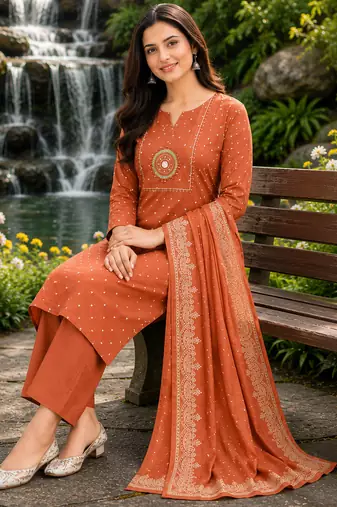 Beautiful rust kurti with plazzo and dupatta