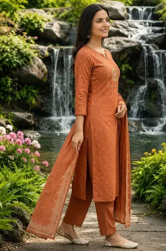 Beautiful rust kurti with plazzo and dupatta