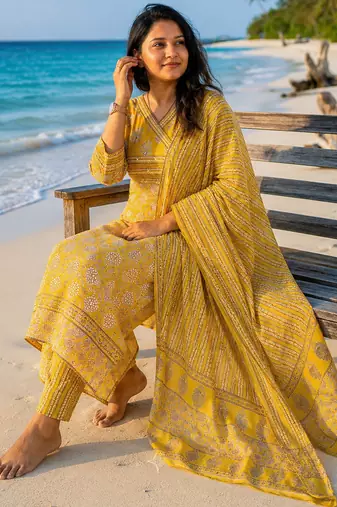 Beautiful yellow printed kurta set