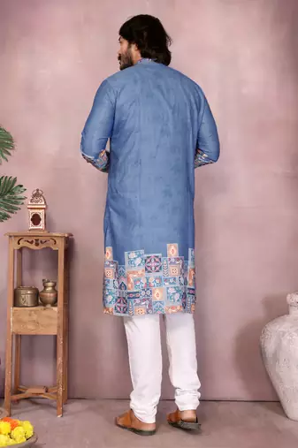 Blue geometric print sequin silk kurta pyjama set for men |designer kurta