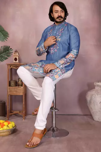 Blue geometric print sequin silk kurta pyjama set for men |designer kurta