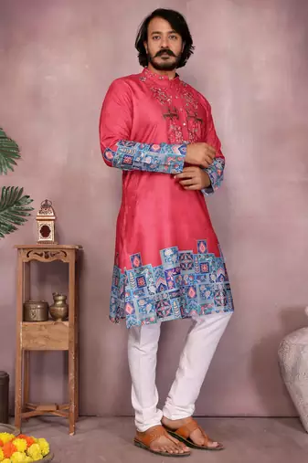 Red geometric print sequin silk kurta pyjama set for men |designer kurta