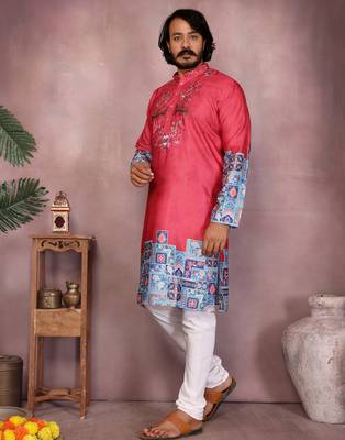 Red geometric print sequin silk kurta pyjama set for men |designer kurta 3