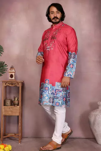 Red geometric print sequin silk kurta pyjama set for men |designer kurta