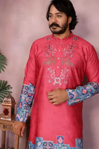 Red geometric print sequin silk kurta pyjama set for men |designer kurta