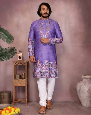 Purple geometric print sequin silk kurta pyjama set for men |designer kurta 1