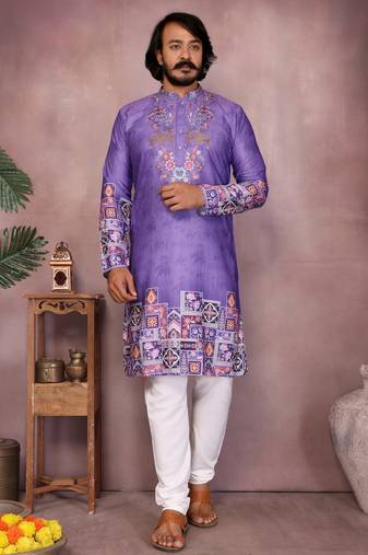 Purple geometric print sequin silk kurta pyjama set for men |designer kurta