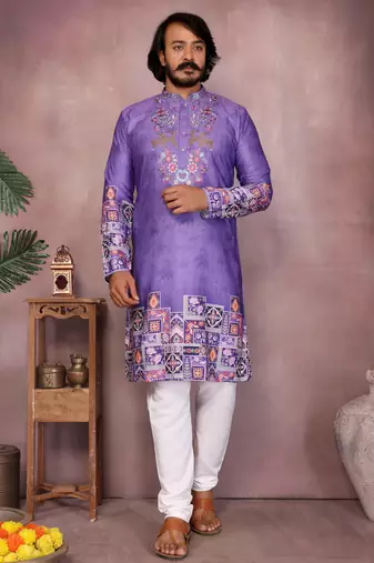 Purple geometric print sequin silk kurta pyjama set for men |designer kurta