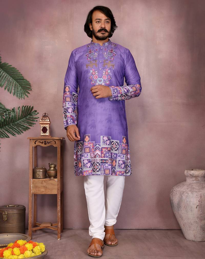 Purple geometric print sequin silk kurta pyjama set for men |designer kurta