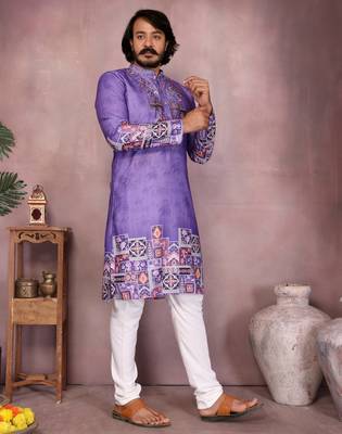 Purple geometric print sequin silk kurta pyjama set for men |designer kurta 2
