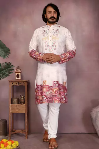 White geometric print sequin silk kurta pyjama set for men |designer kurta