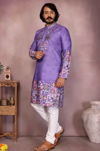 Purple geometric print sequin silk kurta pyjama set for men |designer kurta