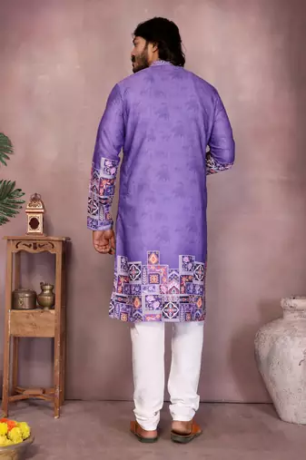 Purple geometric print sequin silk kurta pyjama set for men |designer kurta
