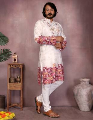 White geometric print sequin silk kurta pyjama set for men |designer kurta 2