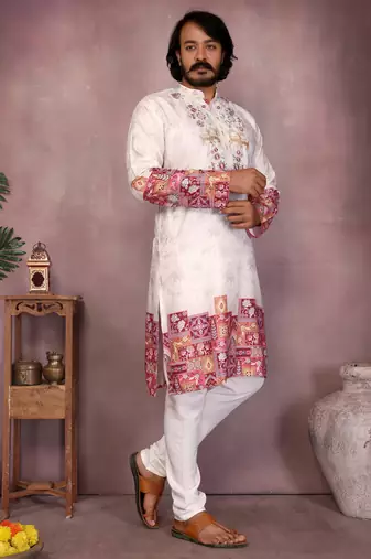 White geometric print sequin silk kurta pyjama set for men |designer kurta