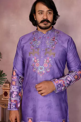 Purple geometric print sequin silk kurta pyjama set for men |designer kurta