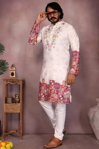 White geometric print sequin silk kurta pyjama set for men |designer kurta
