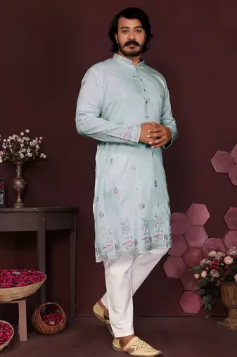 Light green floral sequin silk kurta pyjama set for men |designer kurta