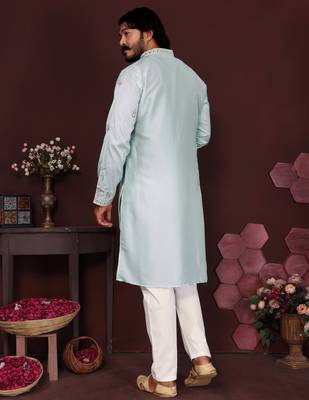 Light green floral sequin silk kurta pyjama set for men |designer kurta 4