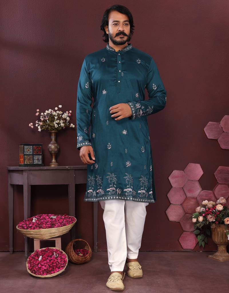 Teal floral sequin silk kurta pyjama set for men |designer kurta