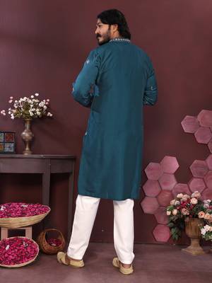 Teal floral sequin silk kurta pyjama set for men |designer kurta 4