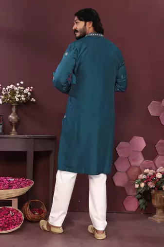 Teal floral sequin silk kurta pyjama set for men |designer kurta