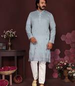 Light blue floral sequin silk kurta pyjama set for men |designer kurta