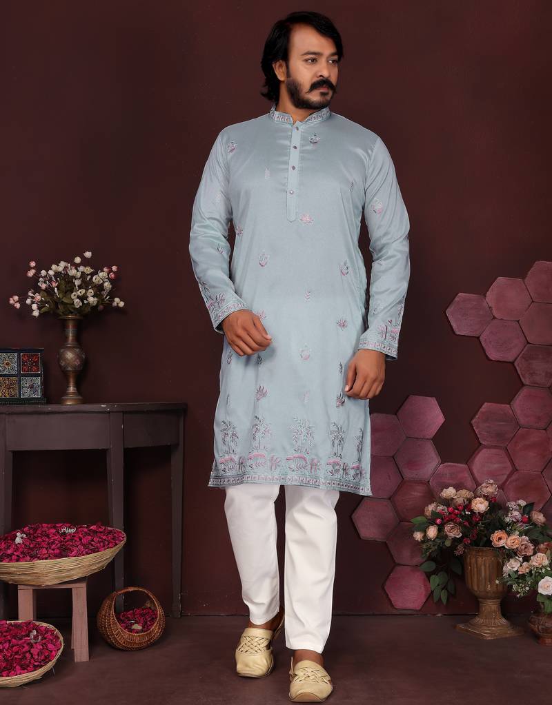 Light blue floral sequin silk kurta pyjama set for men |designer kurta