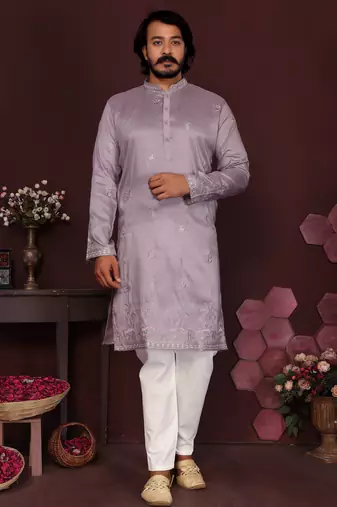 Pink floral sequin silk kurta pyjama set for men |designer kurta
