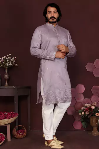 Pink floral sequin silk kurta pyjama set for men |designer kurta