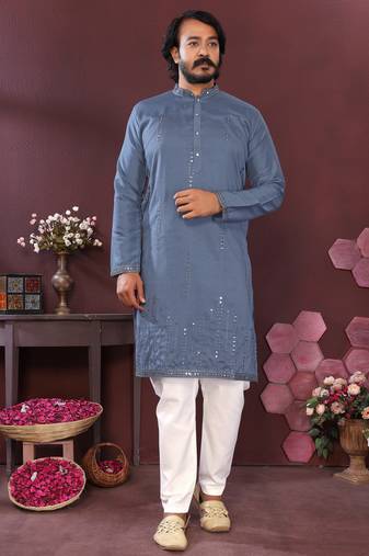 Grey geometric sequin silk kurta pyjama set for men |designer kurta